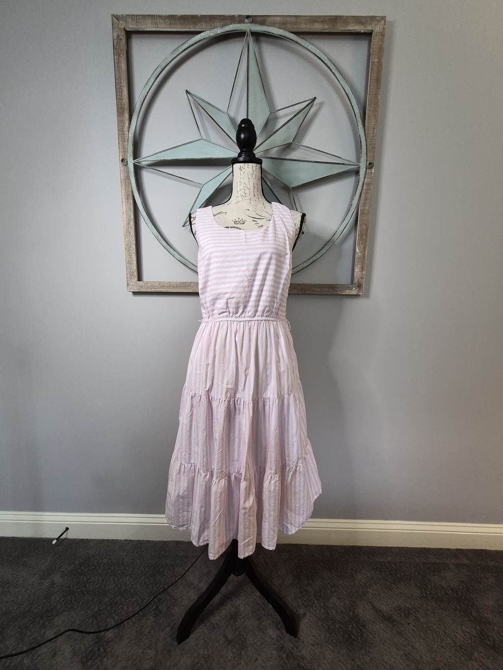 Kim Rogers Pink & White Striped Tiered Cotton Midi Sundress - S